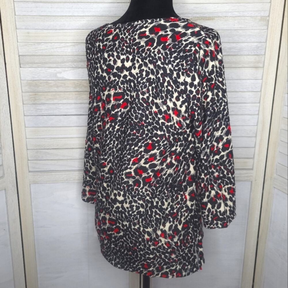 New Animal Print Top Womens Small Tunic Shirt 3/4 Sleeve Red Black Blouse